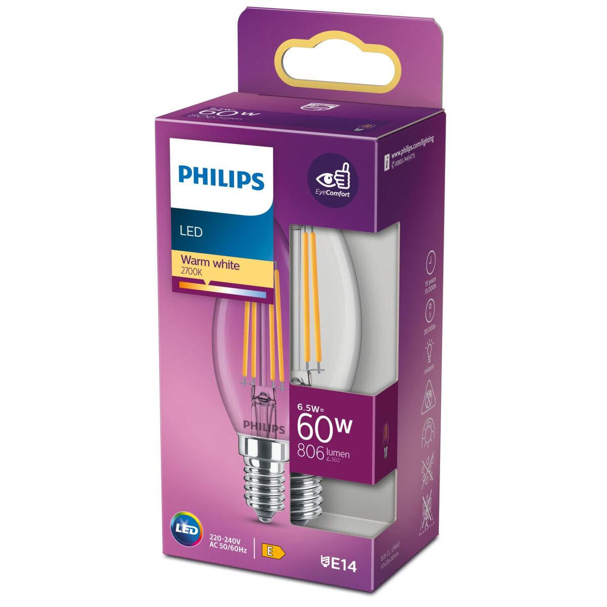 Ledlamp Kaars Philips Equivalent  E14 60 W Wit E (2700 K)